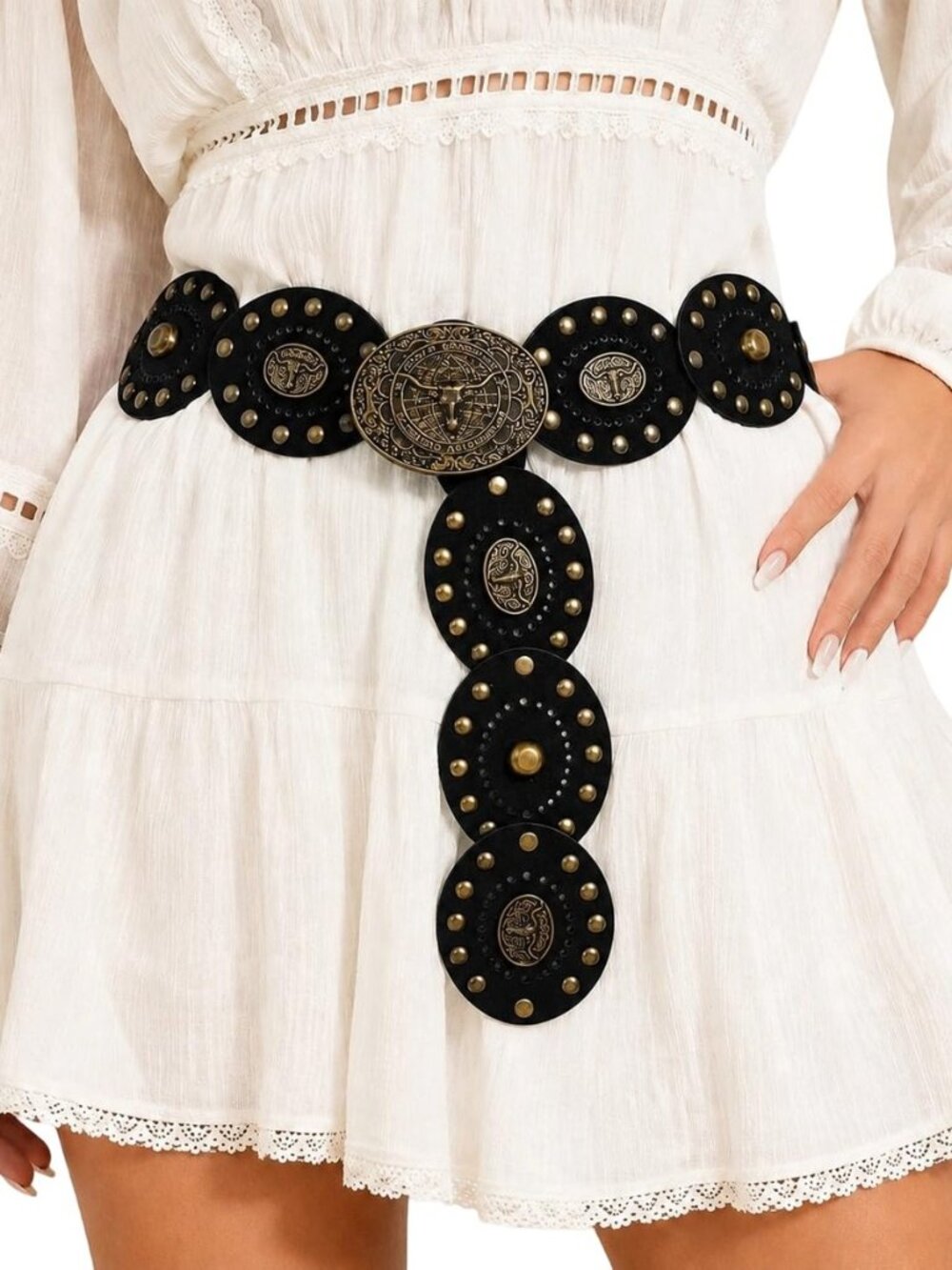 Wide-Disc-Belt for Women, Chunky Western-Concho-Boho PU-Leather-Waist-Belt